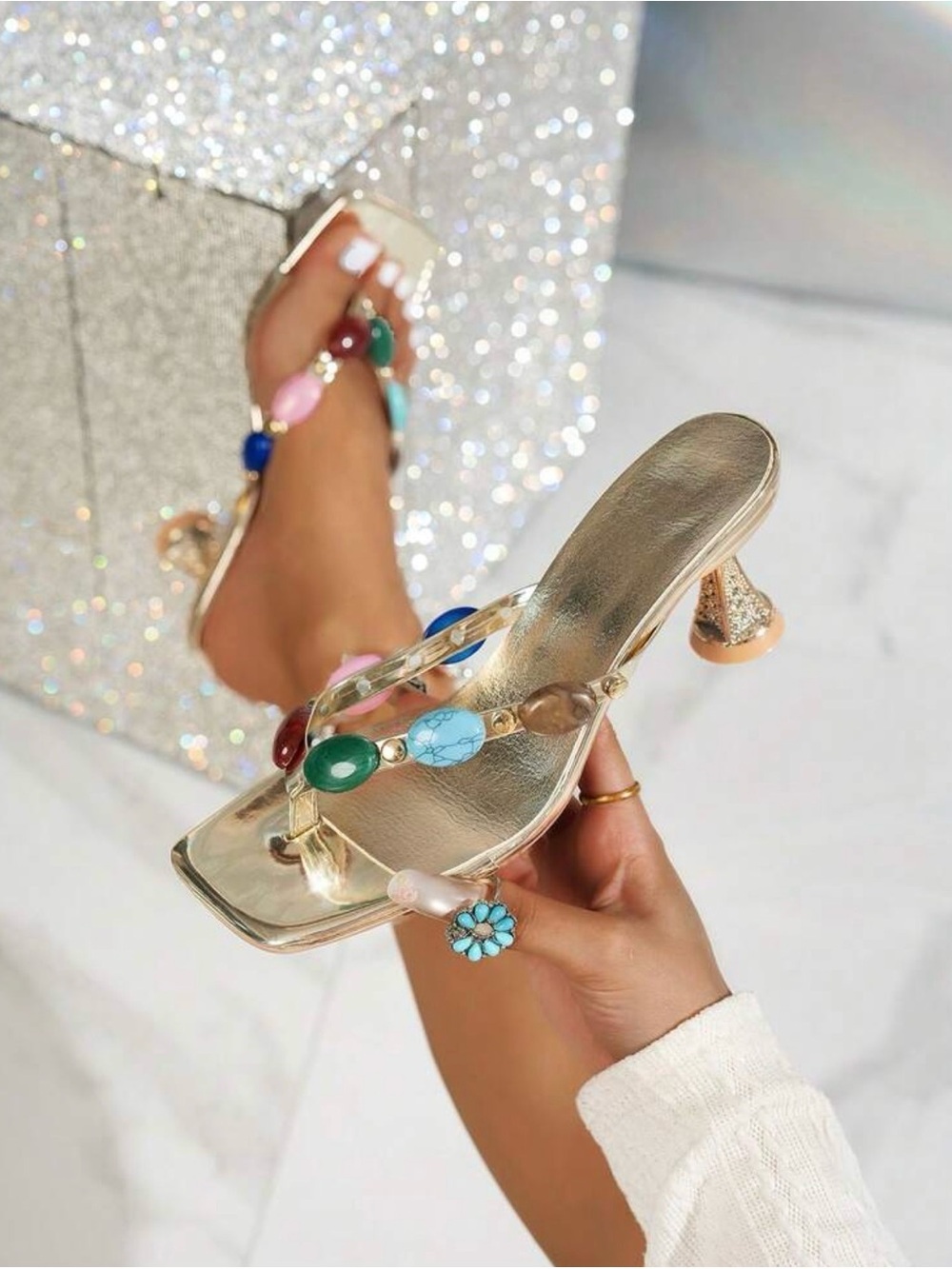 Gold Women's Beaded Toe-Ring Sandals